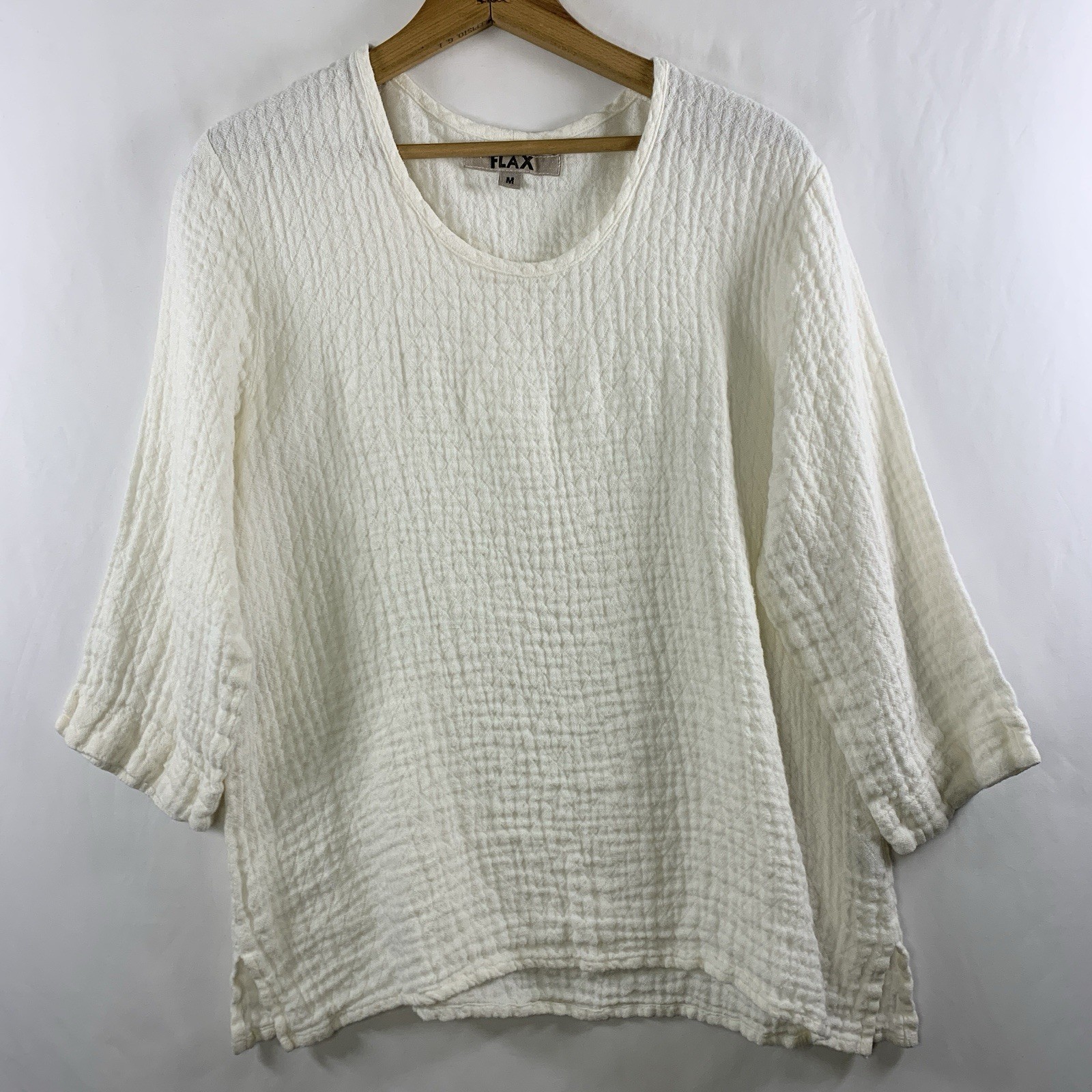 FLAX Womens 100% Linen Crinkle Gauzy Top Sz M Oversized Coastal Lagenlook Boho
