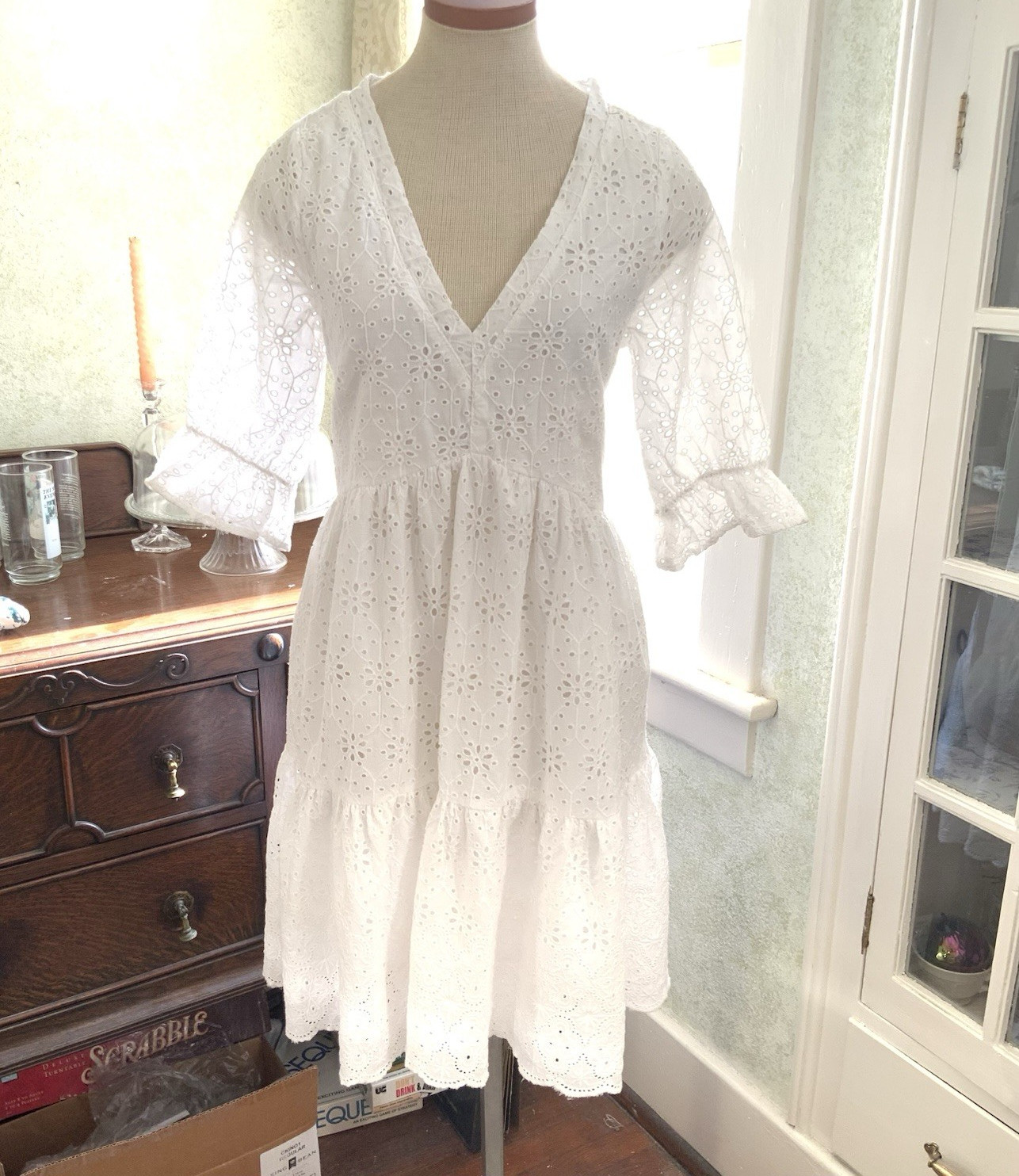 Sundance White Eyelet V-Neck A-Line Midi Dress 3/4 Bell Sleeves Size S