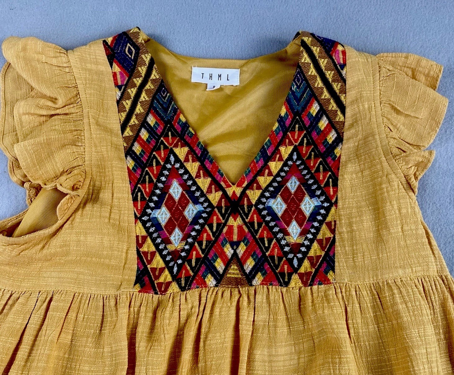 THML Sunflower Yellow Dress Small Aztec Embroidered Yoke Ruffled Cap Sleeves