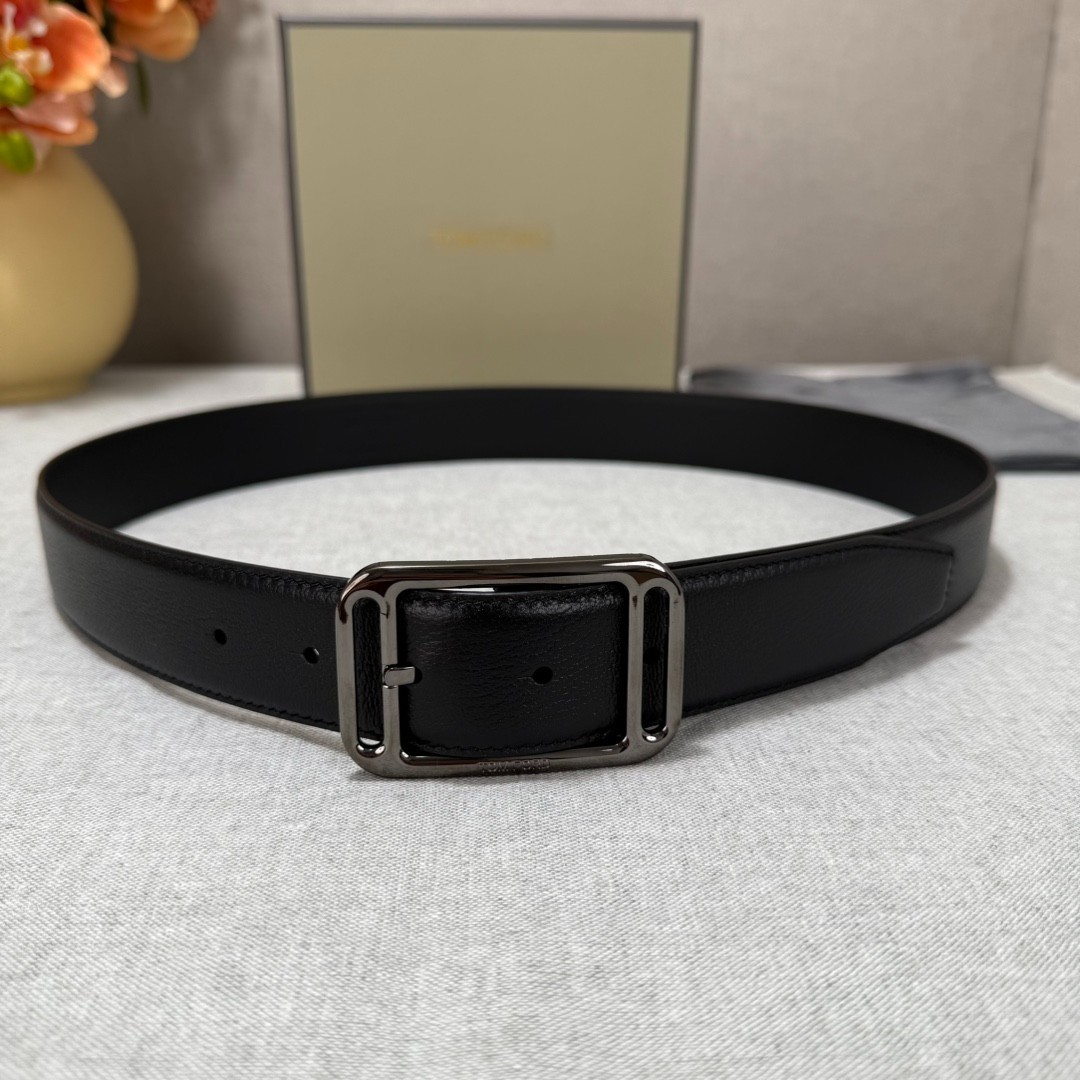 Tom Ford Mens Black Leather Black Metal Buckle Belt 3.5cm