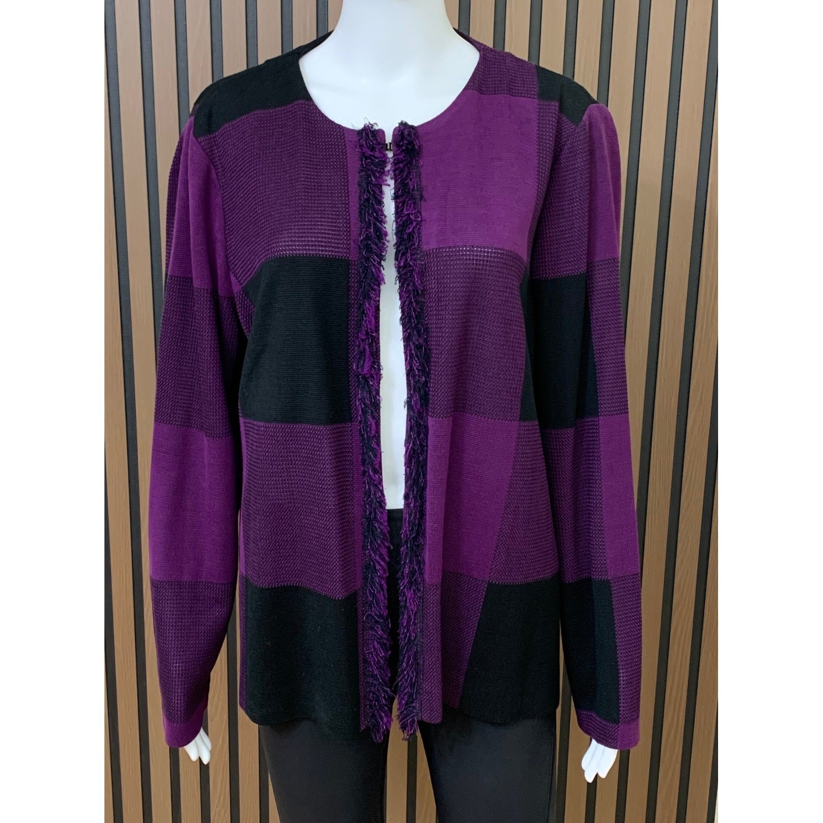 Ming Wang Purple Black Buffalo Check Knit Cardigan Jacket Fringe Trim XL