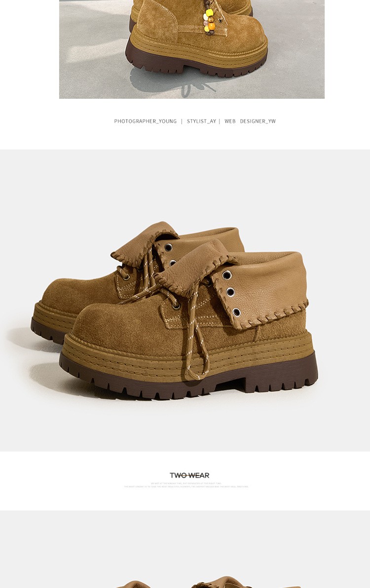 Real Leather Suede Ankle Boots Womens Platform British Thick Soled Casual Shoes