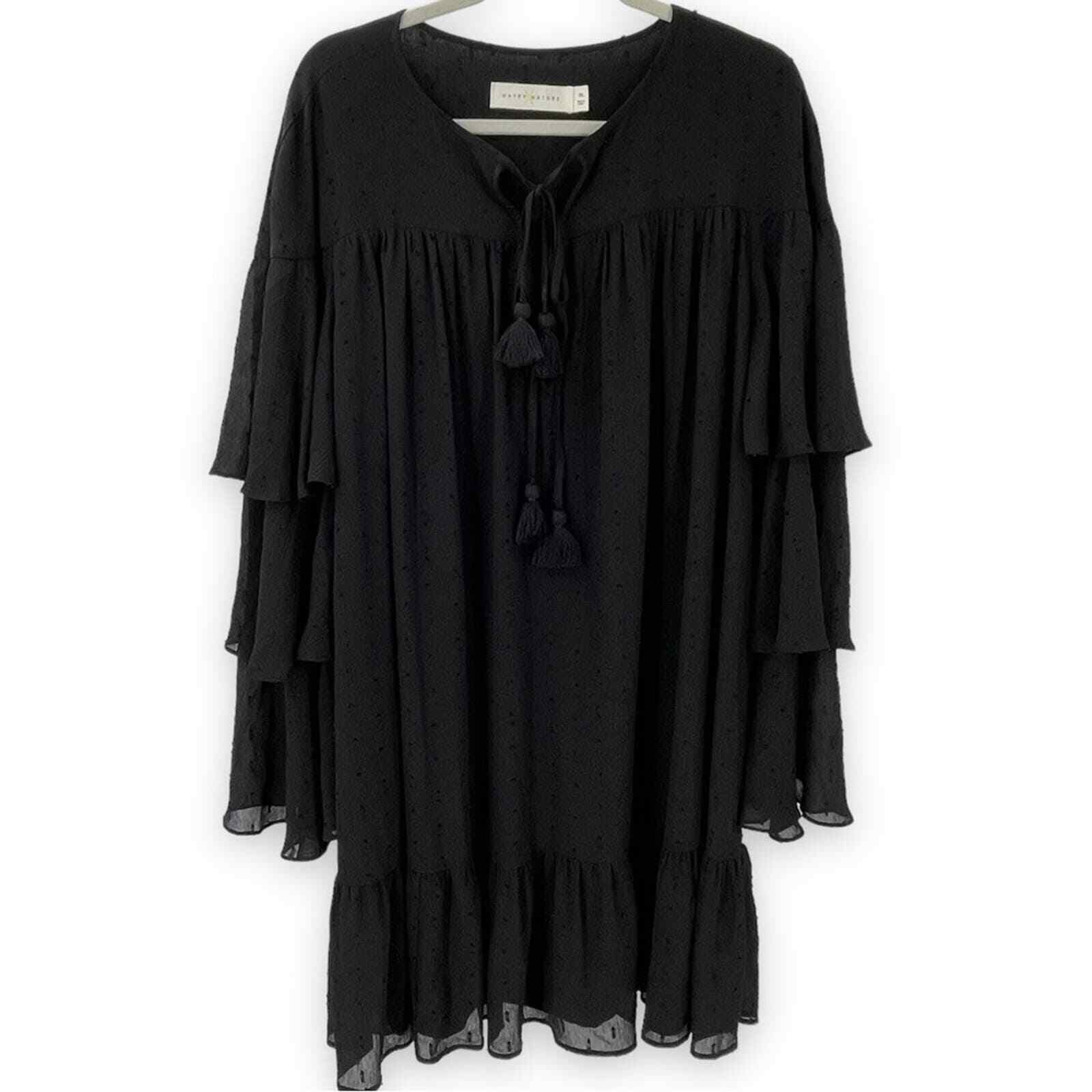 NWT Happy X Nature XL Tiered Swiss Dot Dress Black Long Sleeves