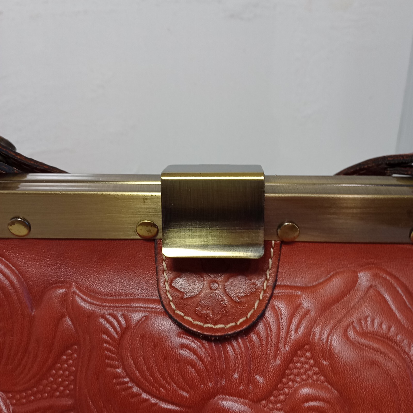 Patricia Nash Floral Embossed Cognac Leather bag Medium Brass Bottom Studs EUC