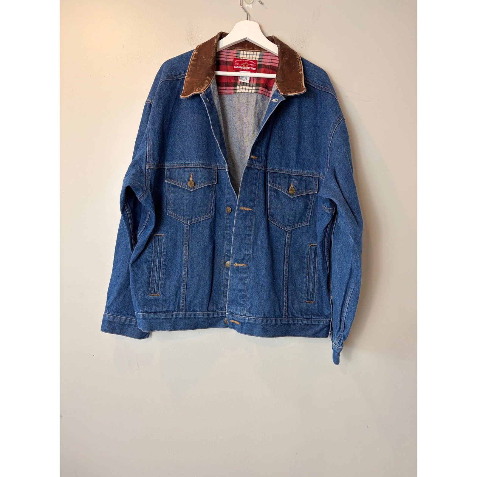 Vintage Marlboro Country Store Denim Jacket Leather Collar XL Blue