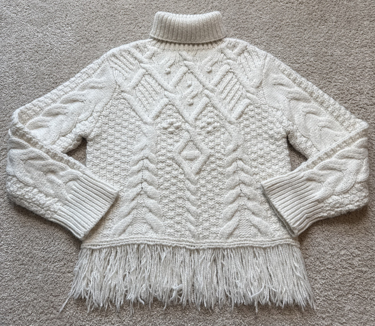 AQUA ivory Beige Sweater MEDIUM Fringe Warm Sweater