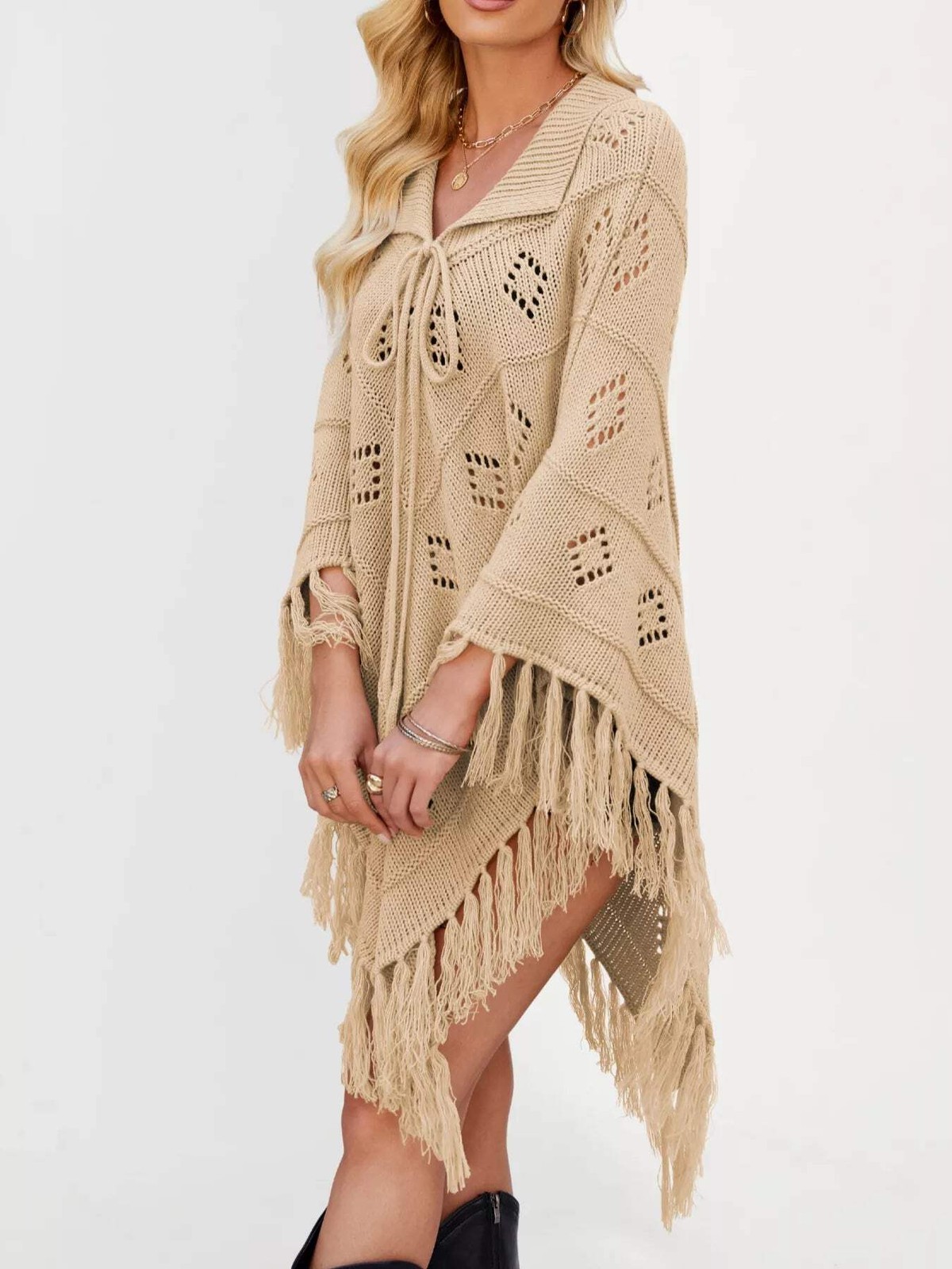 Women’s Fringe Tassel Tie Openwork Knit Boho Beach Cover Up Multi Colors S-XL