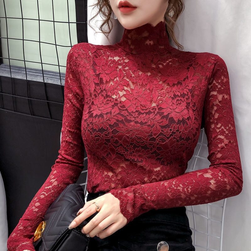 Half High Collar Lace Bottomed Blouse Mesh Hollow Out Long Sleeve Shirt Plush