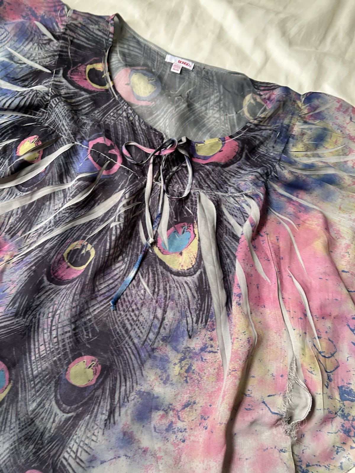 Bongo VTG Poncho Kaftan Medium Peacock Multicolor Grey Blouse Top Y2K Vintage