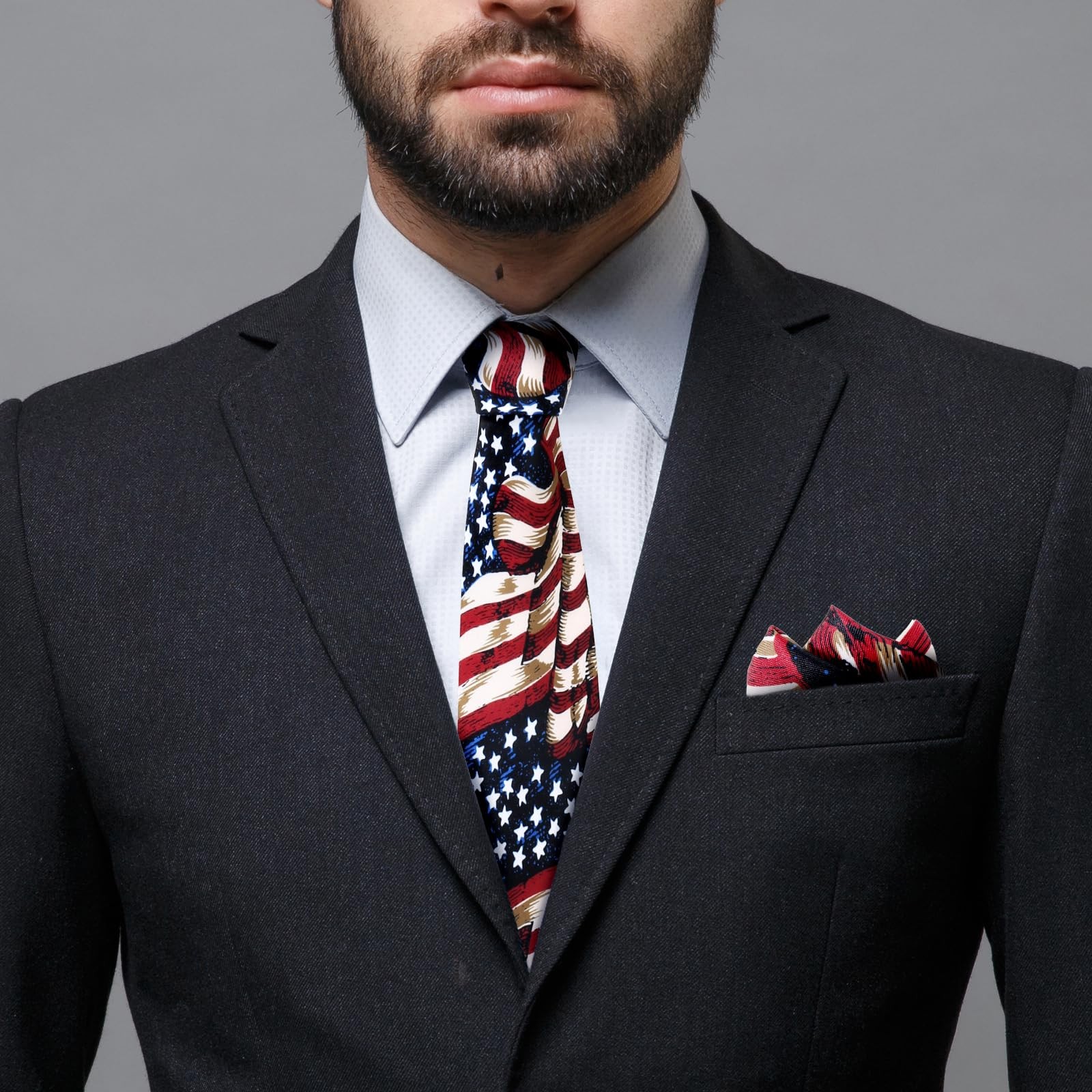 Men’s American Flag Tie Set 3.27″ (8.3CM) USA Flag Neckties and Pocket Honor