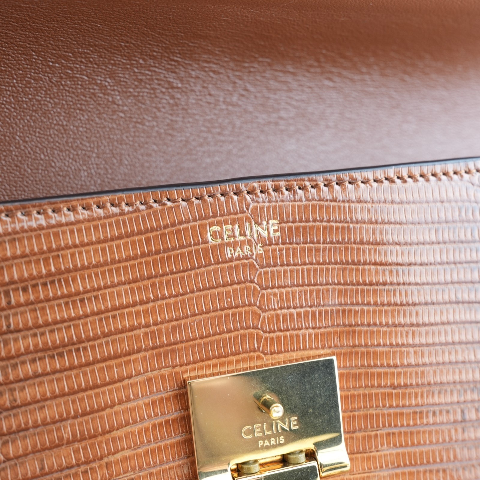 Celine Shiny Lizard Leather Maillon Triomphe Clutch Brown