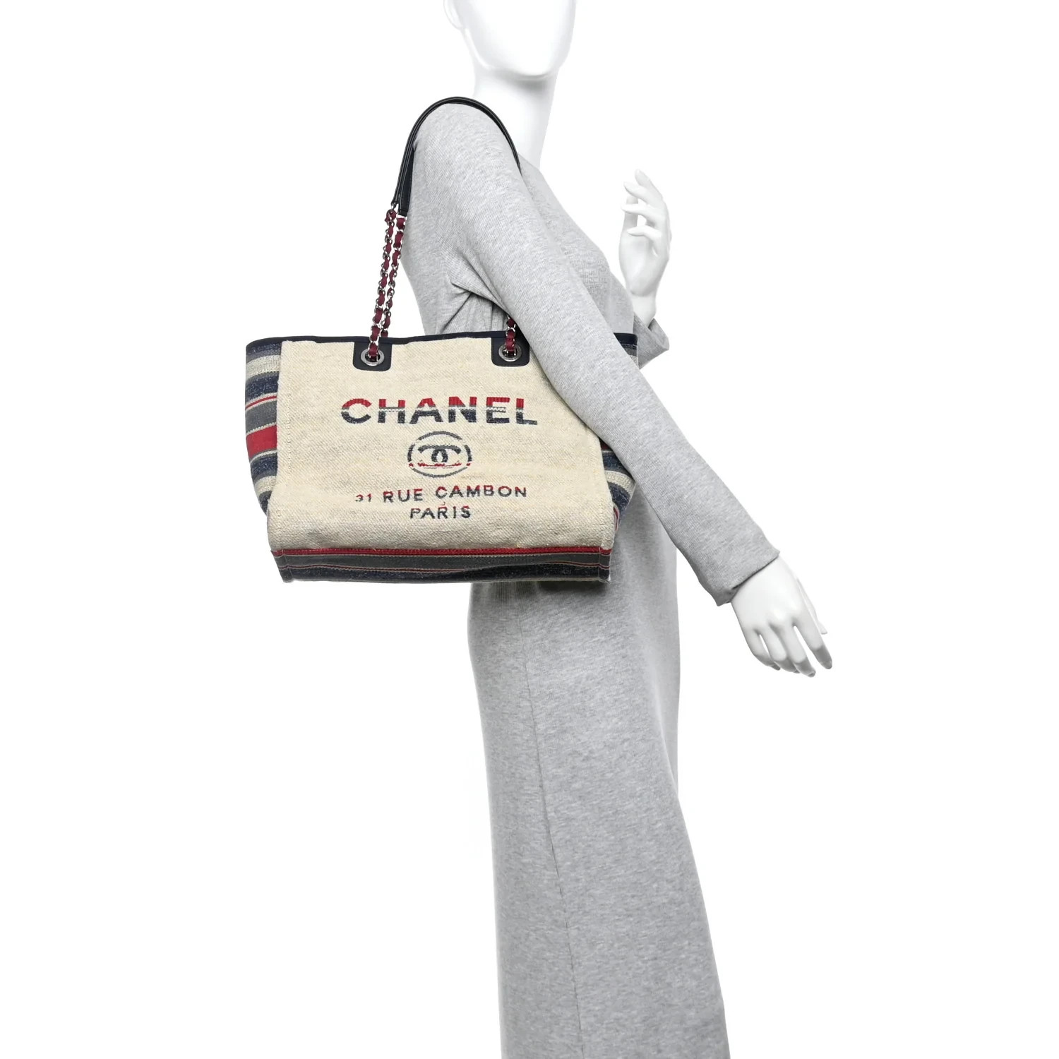 Chanel Striped Canvas Large Deauville Tote Tote Shopper Shoulder Bag Beige