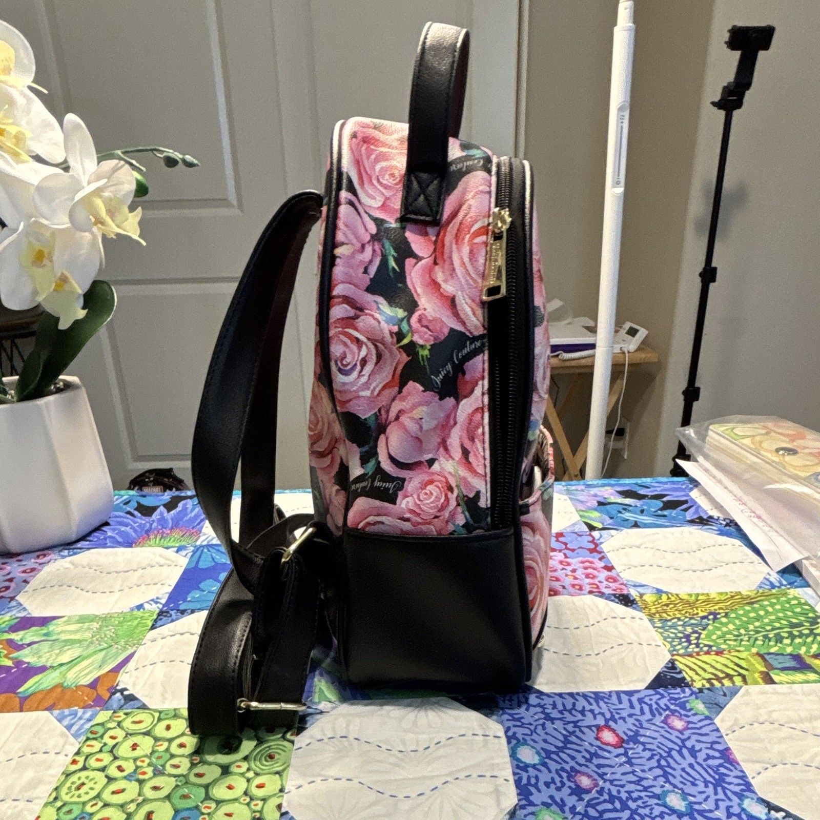 Juicy Couture Floral Rose Print Small Backpack Black/Pink Gold Studs Zip