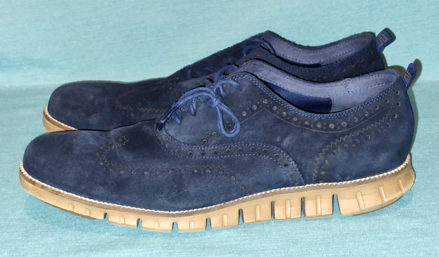 Cole Haan ZeroGrand Oxford Shoes Men’s 13M Blue Suede Wingtip Tan Soles C26221