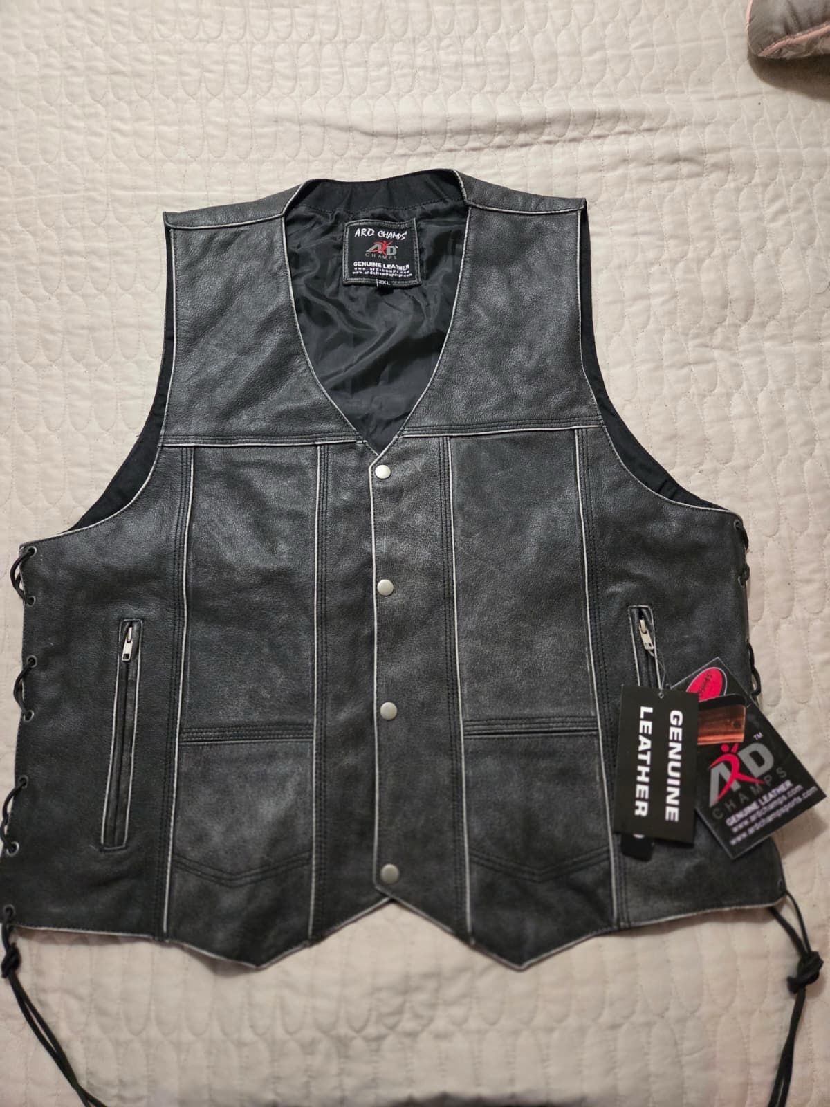 ARD CHAMPS™ Men’s Grey Genuine Leather 10 Pockets Motorcycle Biker Vest