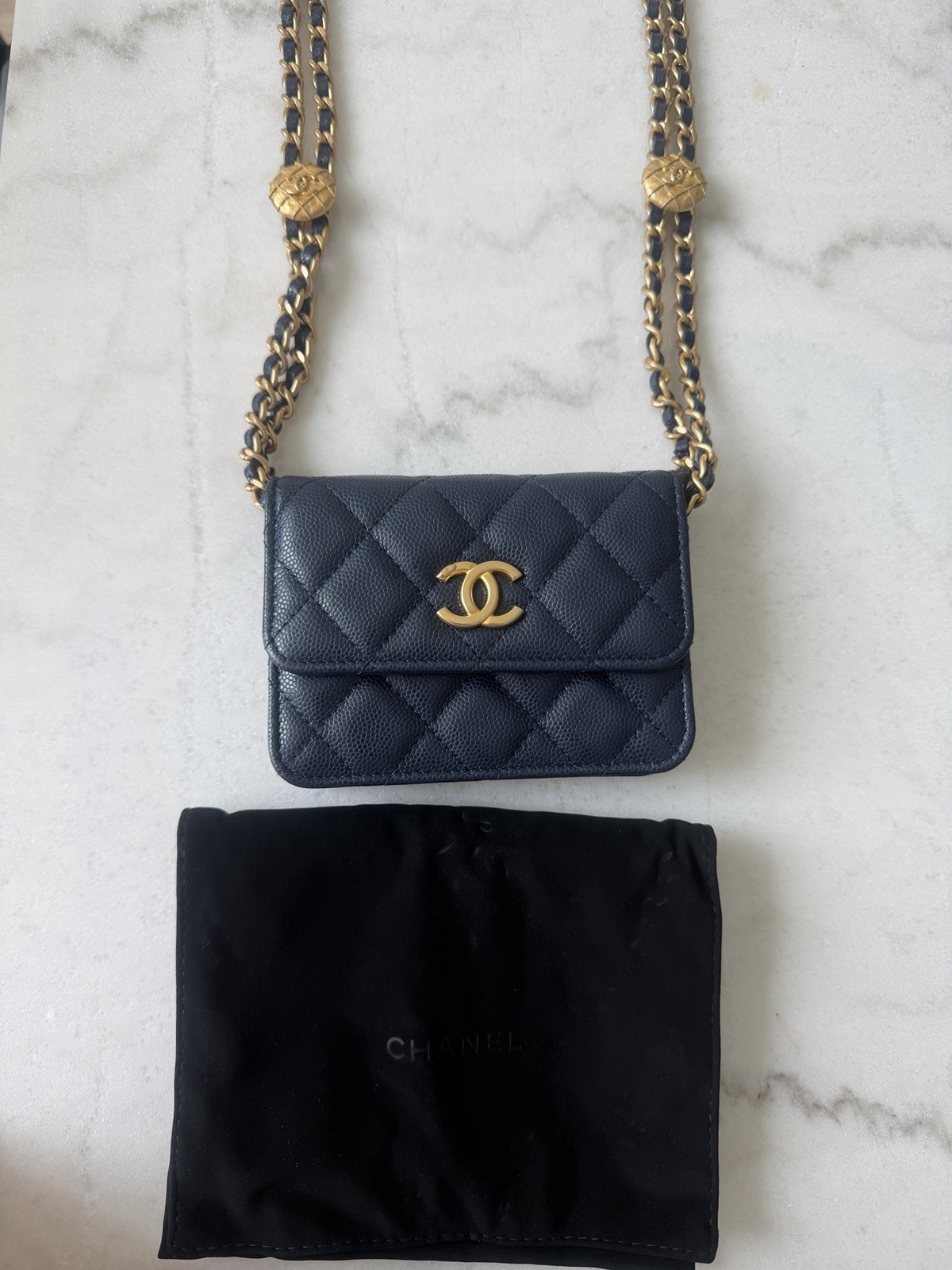 CHANEL Quilted Wallet on Chain WOC Blue Gold CC Logo Chain Strap Snap, Set