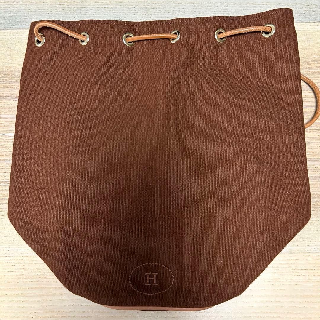 Hermes Polochon Mimile PM Canvas Drawstring Backpack Shoulder Bag Brown 11.4in