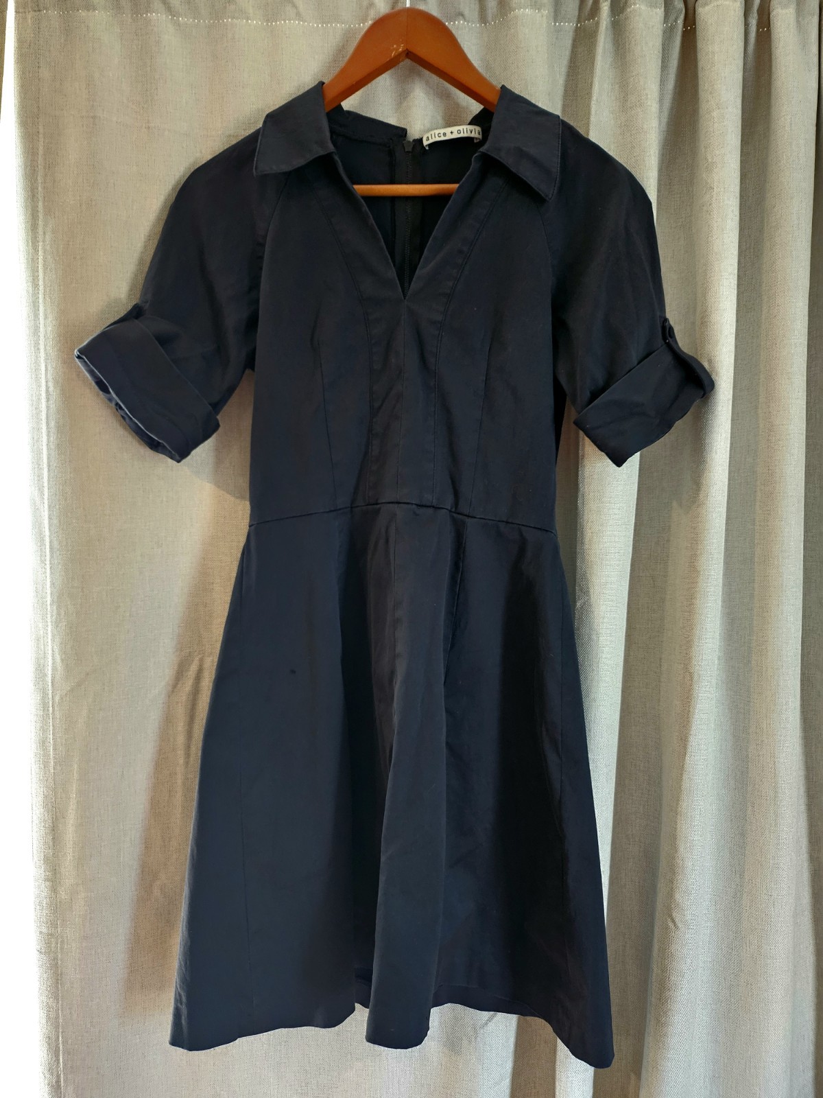Alice + Olivia Black Fit & Flare Cuff Sleeve Mini Zipper Shirt Dress