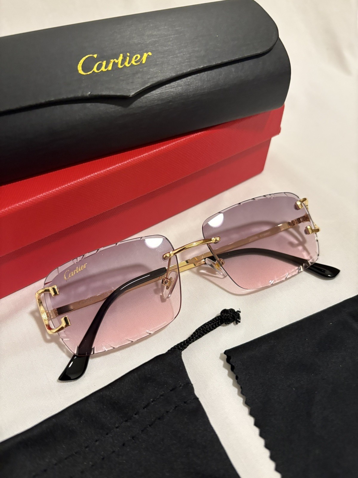Cartier Big C Diamond Cut pink Fade Frameless Lens Gold Frame
