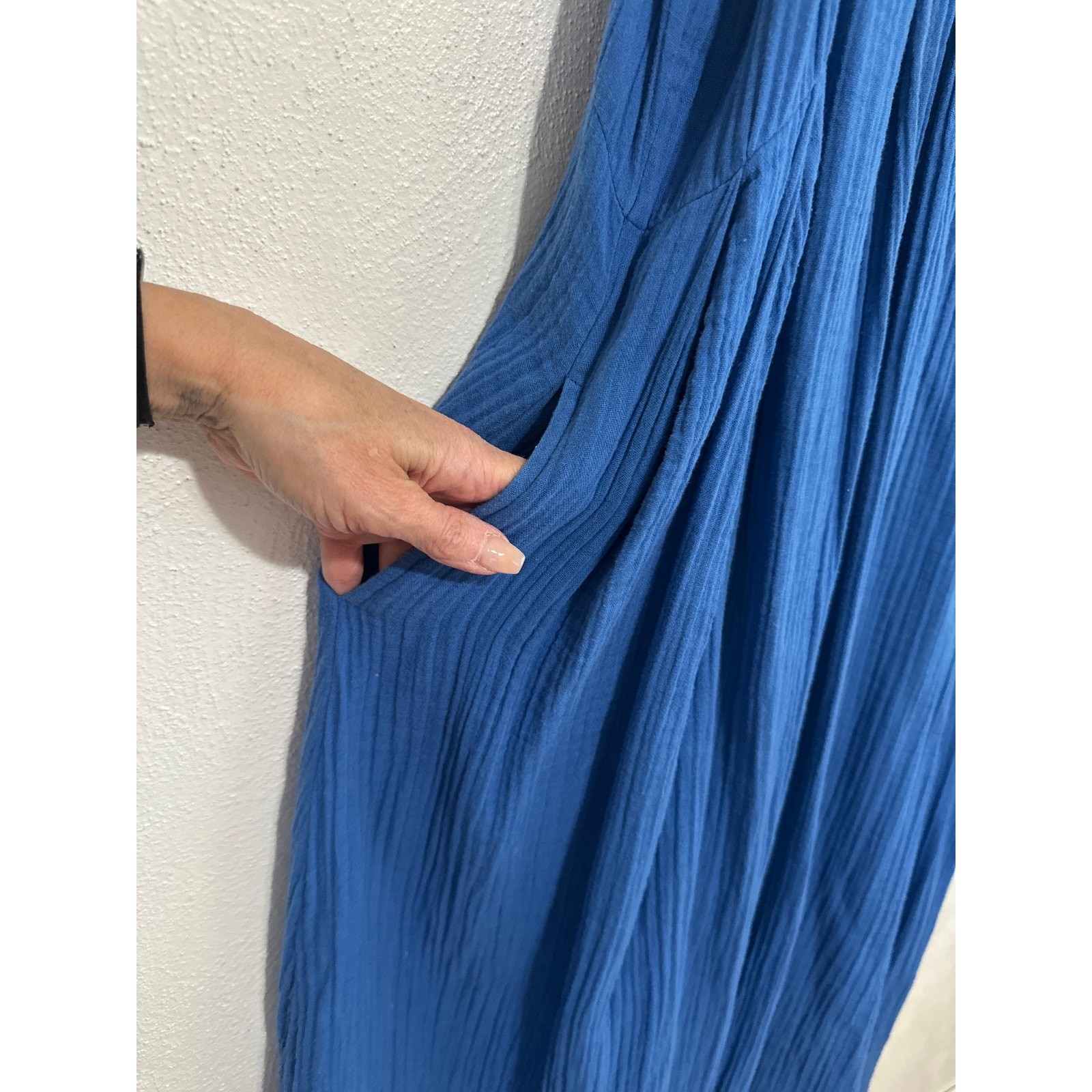 Mille Double Gauze Resort Wear Midi Ruffle Sleeve Dress M Royal Blue Vacation