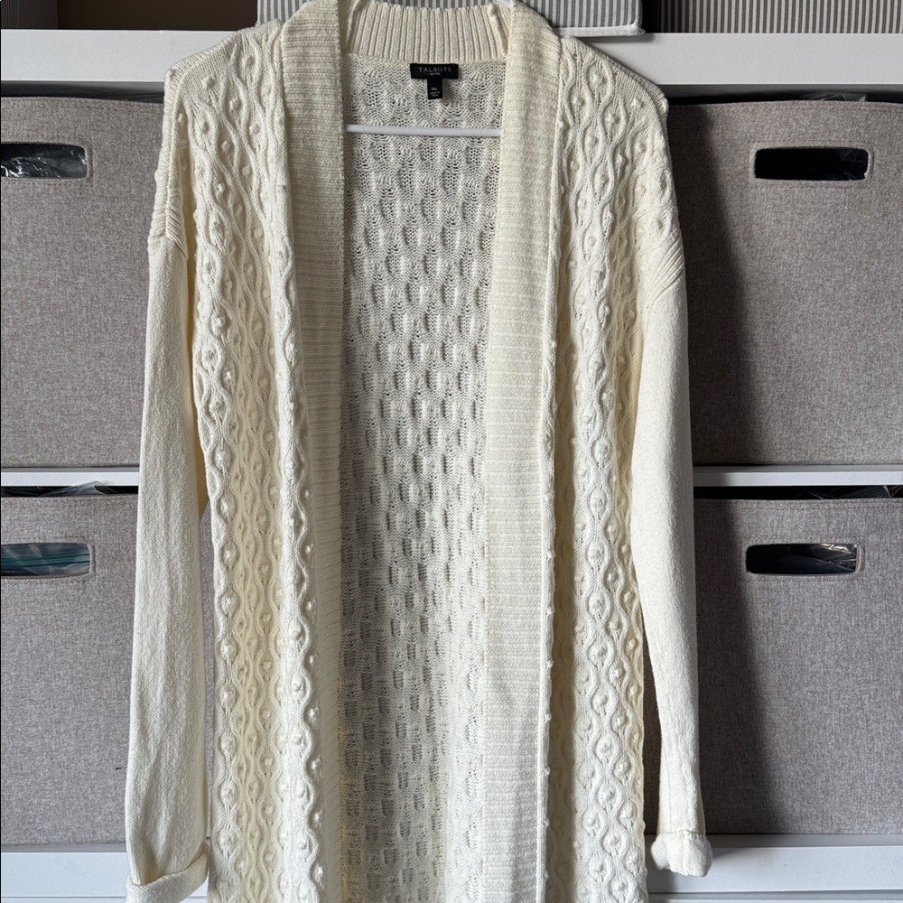Talbots Cable knit Open Front Long Line Split Hem Cashmere Blend Cream Chunky MP