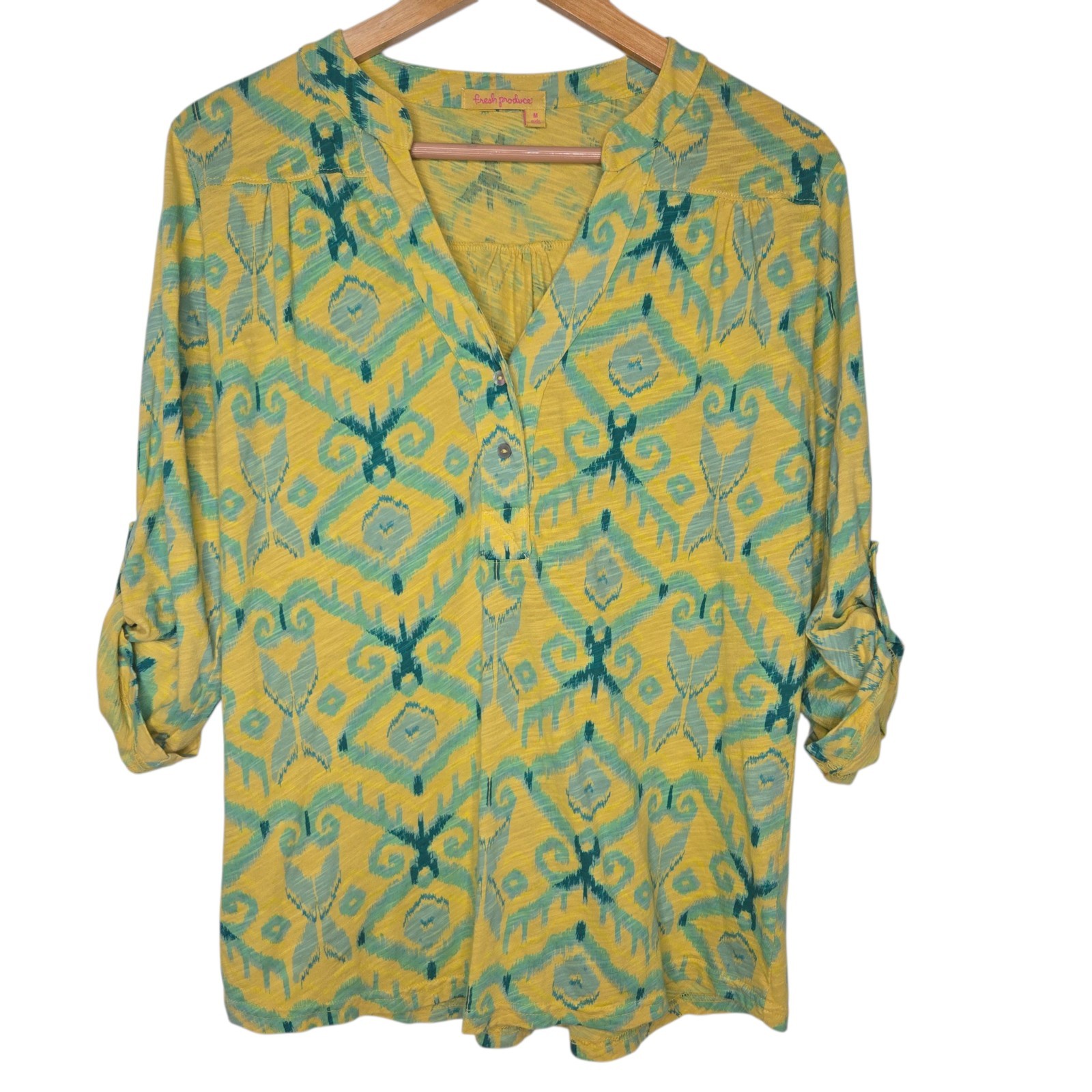 Fresh Produce Womens Ikat Print V Neck Cotton Button Roll Tab Sleeve Top Medium