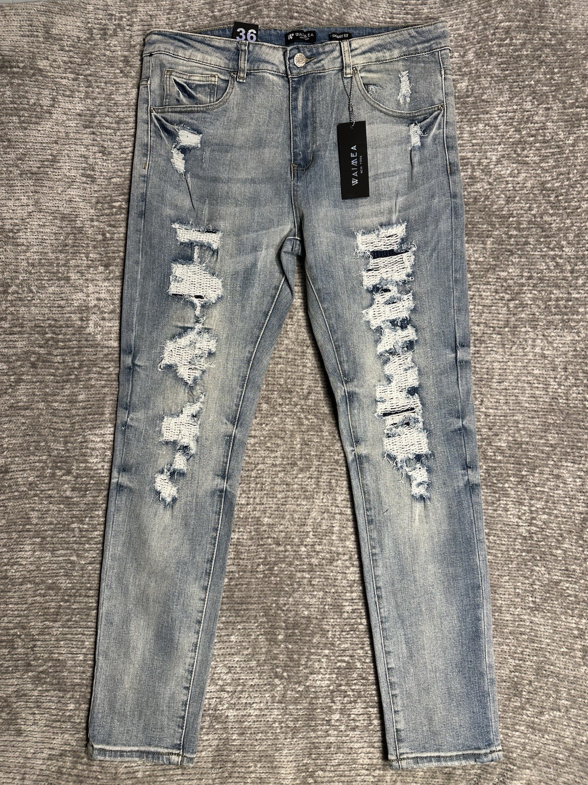 Waimea Skinny Fit Jeans Mens 36×32 Blue Distressed Ripped Moto Biker Denim