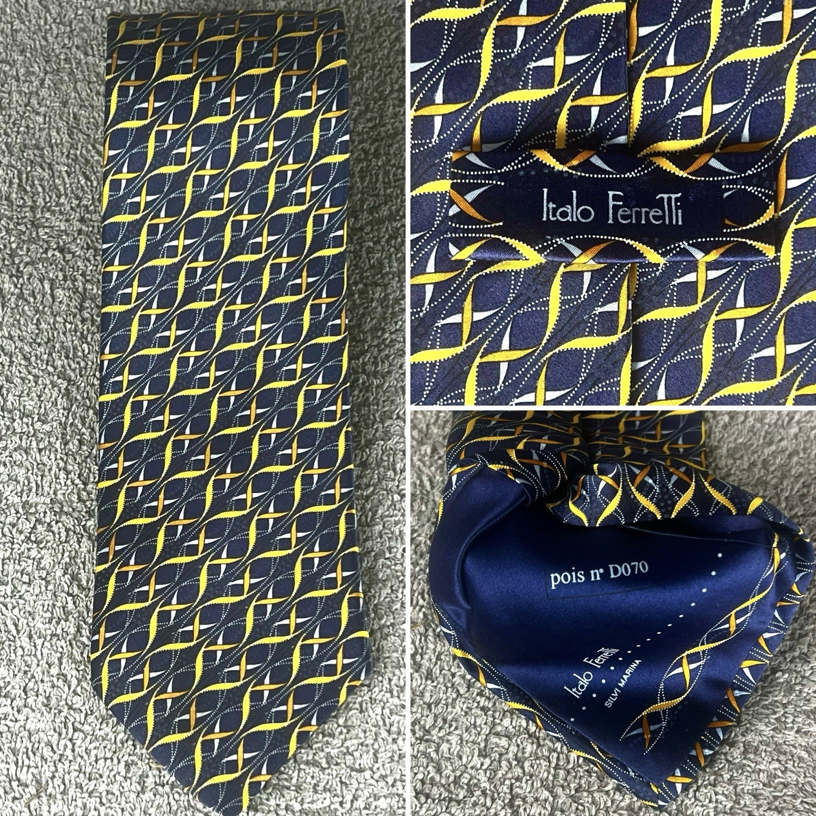 Italo Ferretti Italy Maus & Hoffman Navy, Blue, Gold, Copper Silk Tie 64” Long