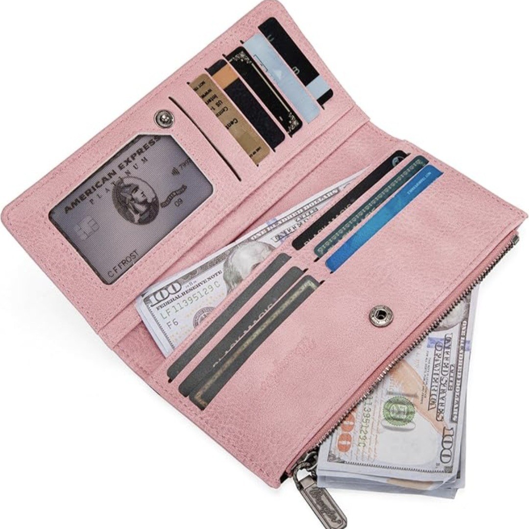 Wrangler Zip-Around Wallet Pink Black Cow Print Western Credit Card Folding