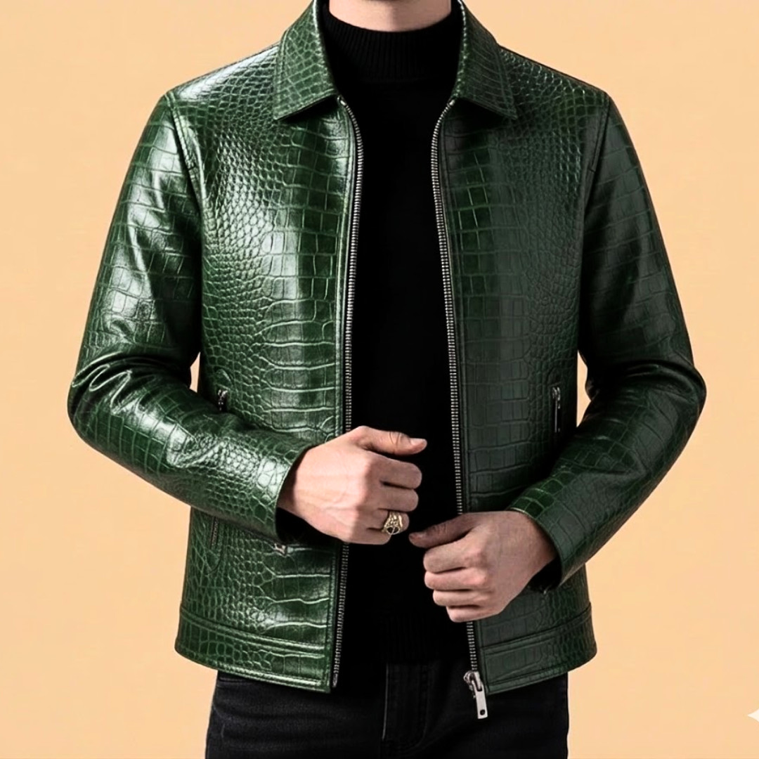 Mens Green Crocodile Leather Jacket Real Embossed Biker Luxury Coat Custom Fit