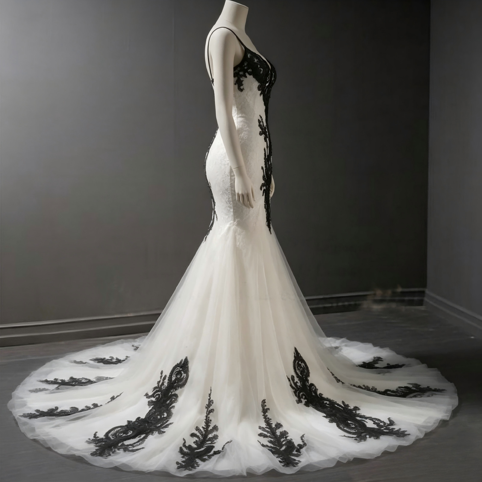 Mermaid Bridal Gown Spaghetti Strap Black Lace Wedding Dresses With Long Train