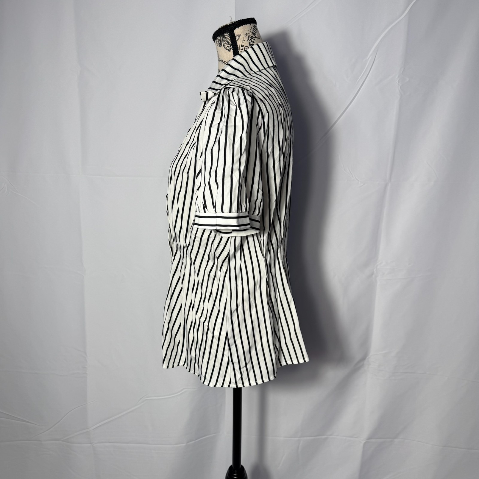 SHEIN LRG White Black Striped Blouse Asymmetrical Button Snap Collar Career Top