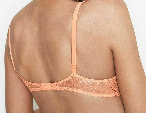 38D Peach LACE Mesh STAR Wings VELVET Strap Victorias Secret Plunge PU UW Bra