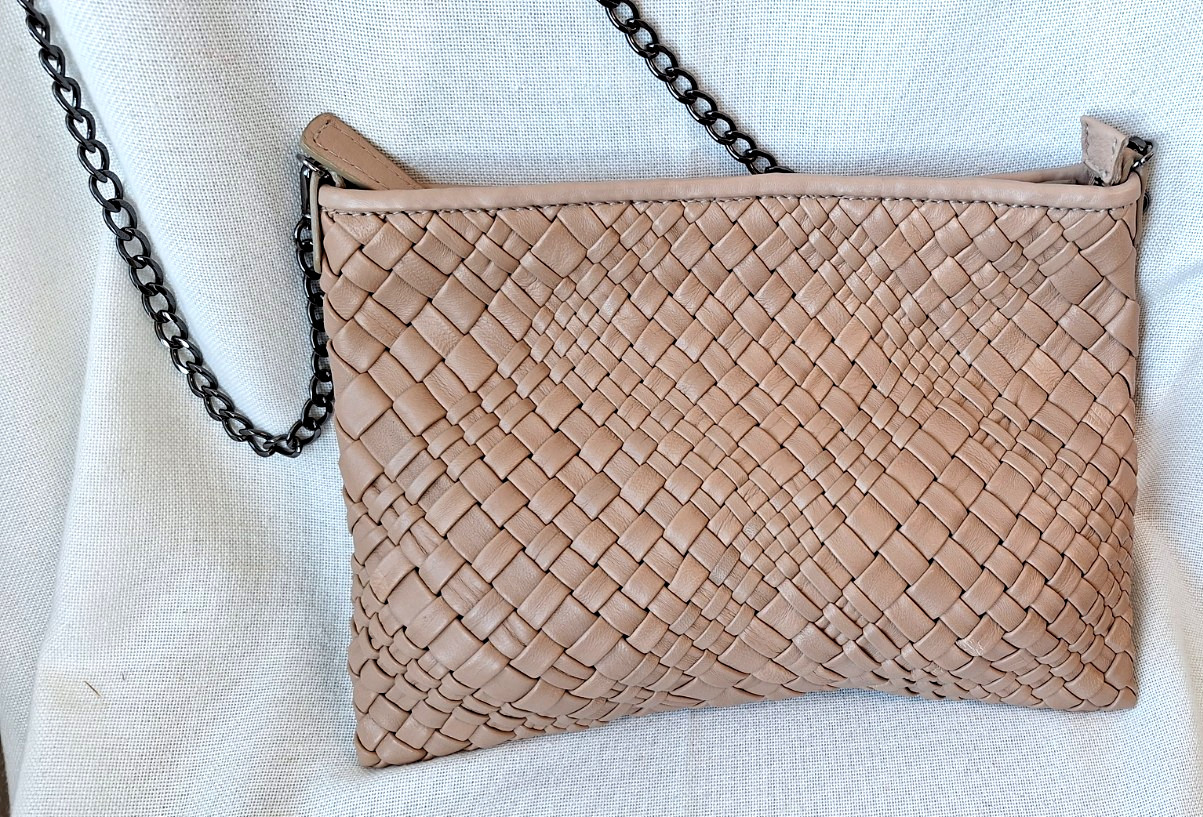 FALOR Londra Hand Woven Leather Crossbody Clutch Bag Taupe made Italy Firenze