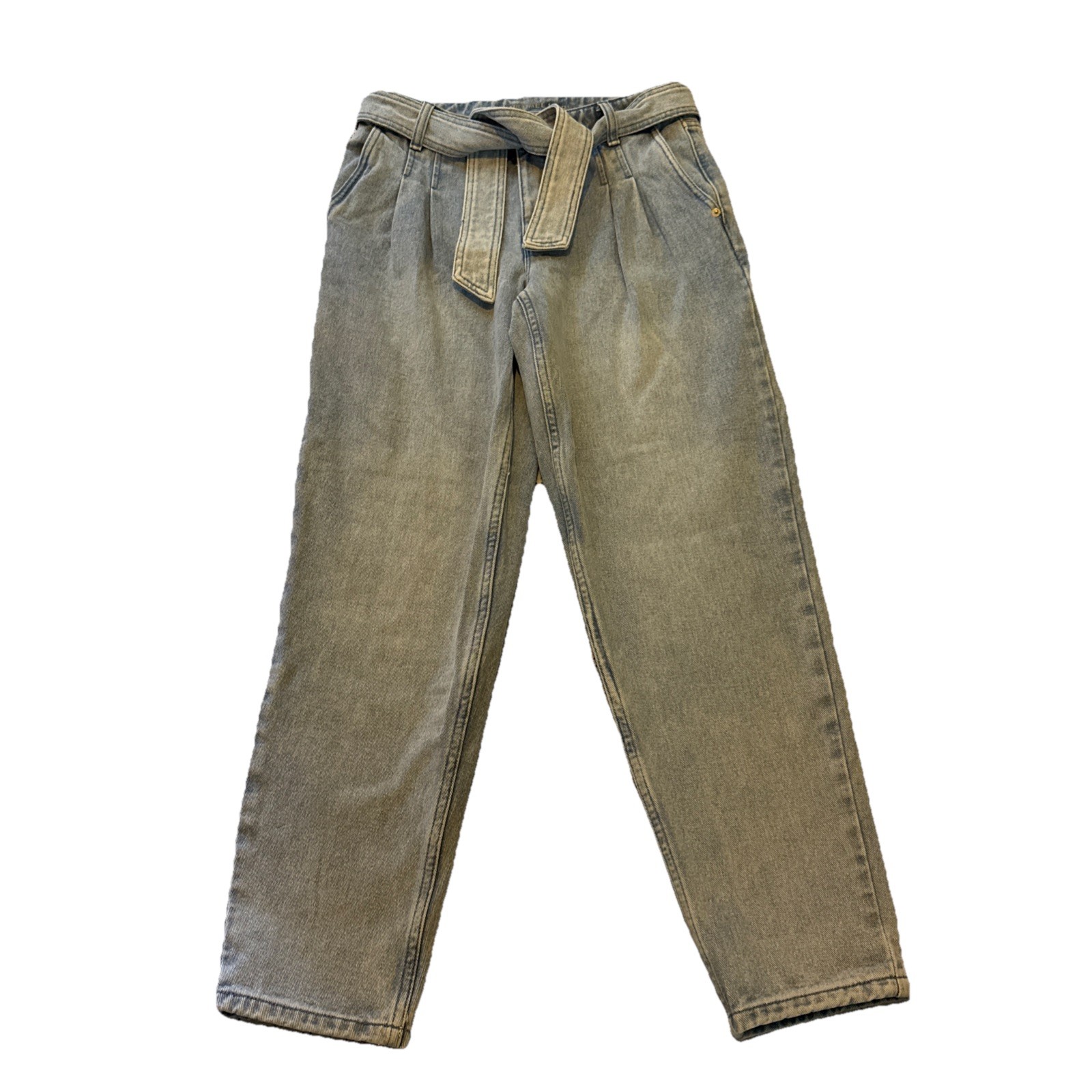 Michael Kors Pleated Belted Denim Pants Vintage Lt Blue Wash High Rise Tapered 4