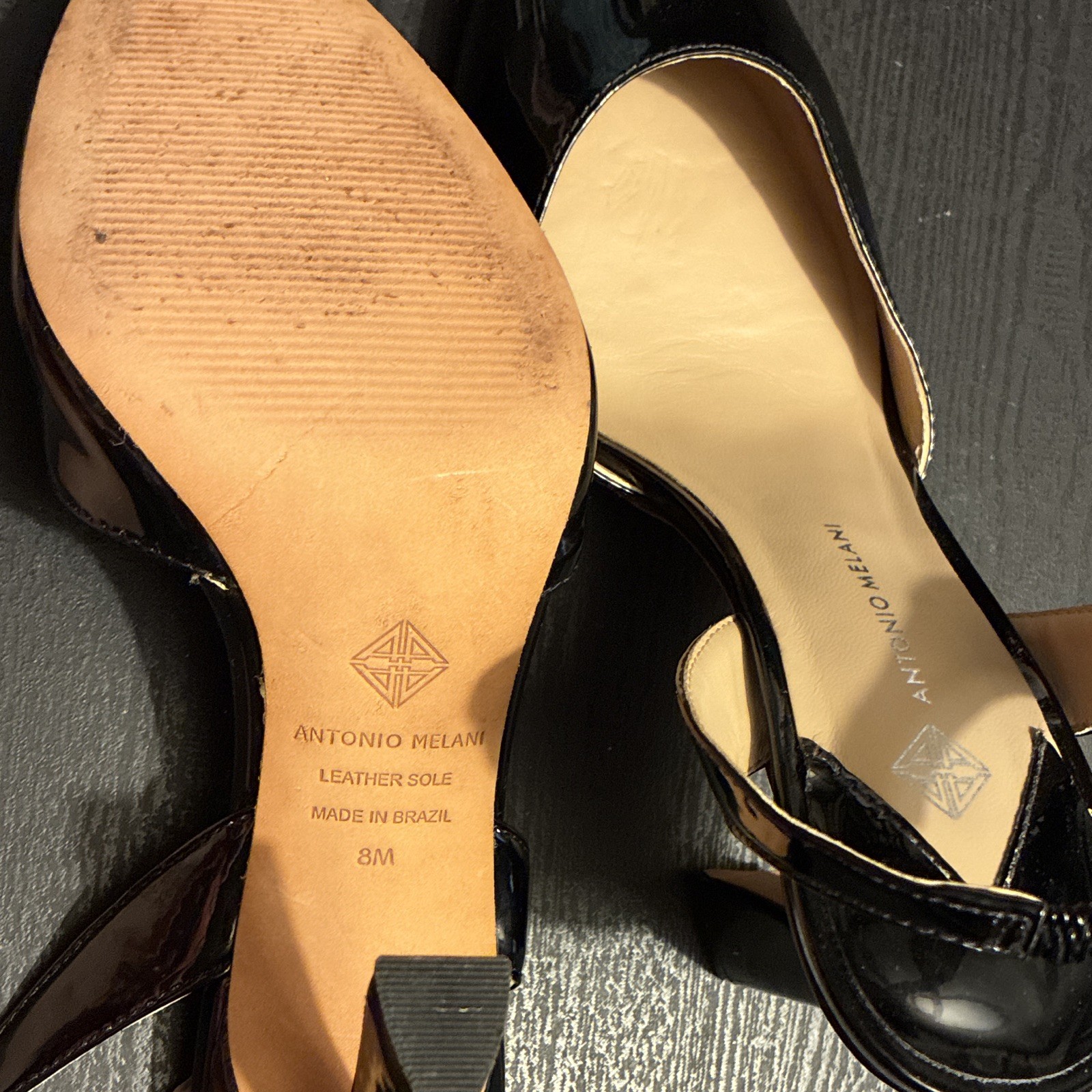 Antonio Melani Black Patent Leather Slingback Block Heel Pumps Pointed Toe US 8
