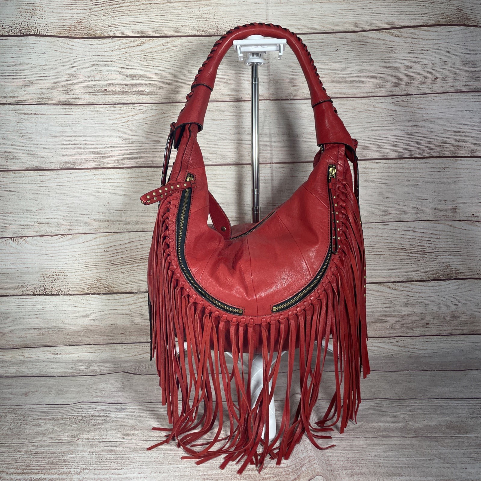 OrYANY Angie Red Leather Fringed Hobo Shoulder Bag RARE PRISTINE