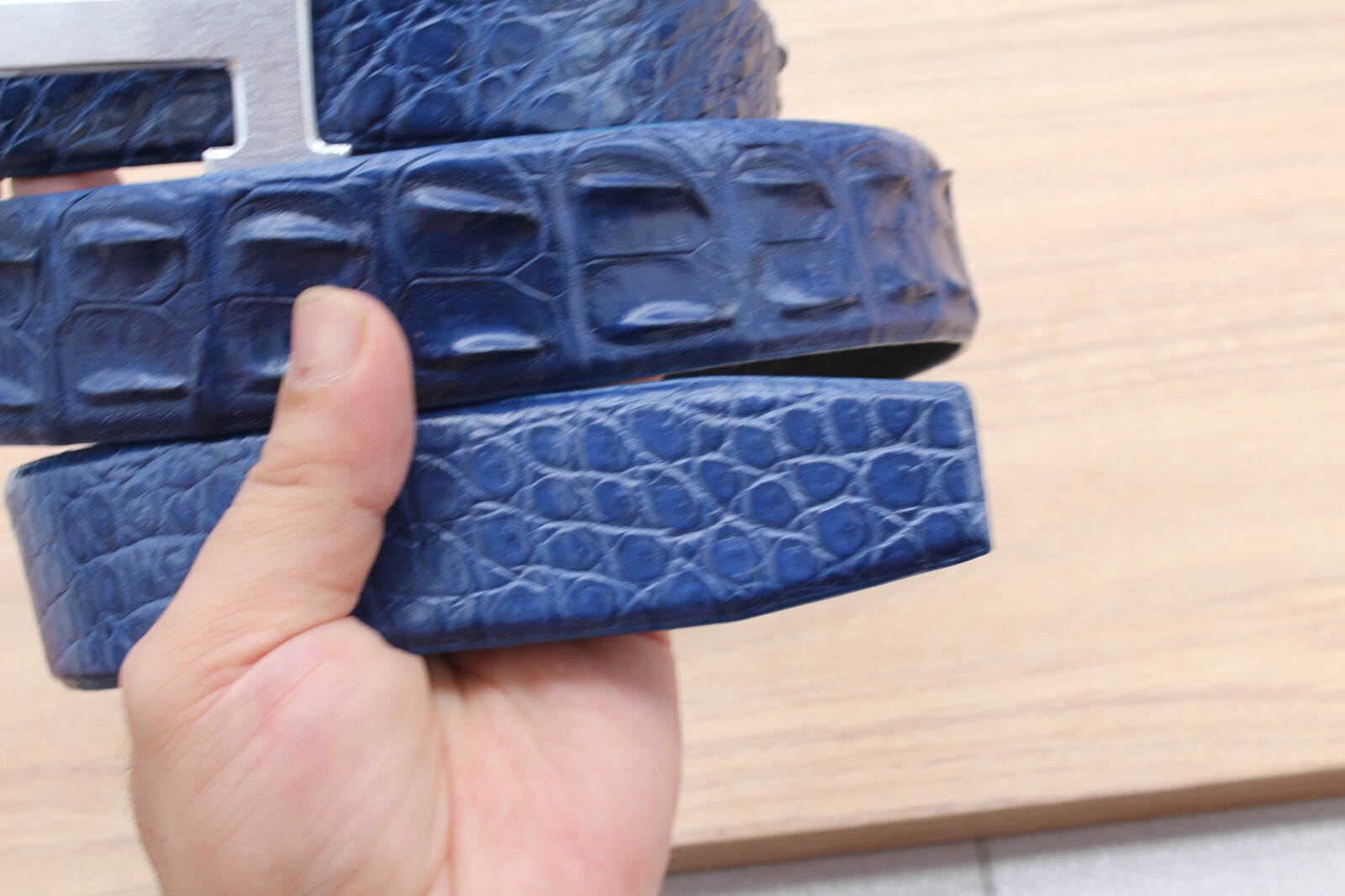 Blue Hornback Alligator Crocodile Print Leather Men’s Belt – W 1.3 inch