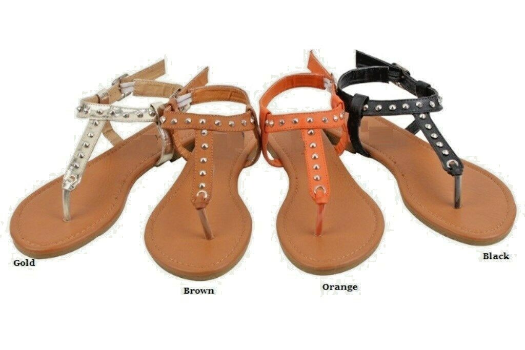 Womens Sandals Studded Thong Gladiator Black Brown Orange Gold 6 7 8 9 10 11