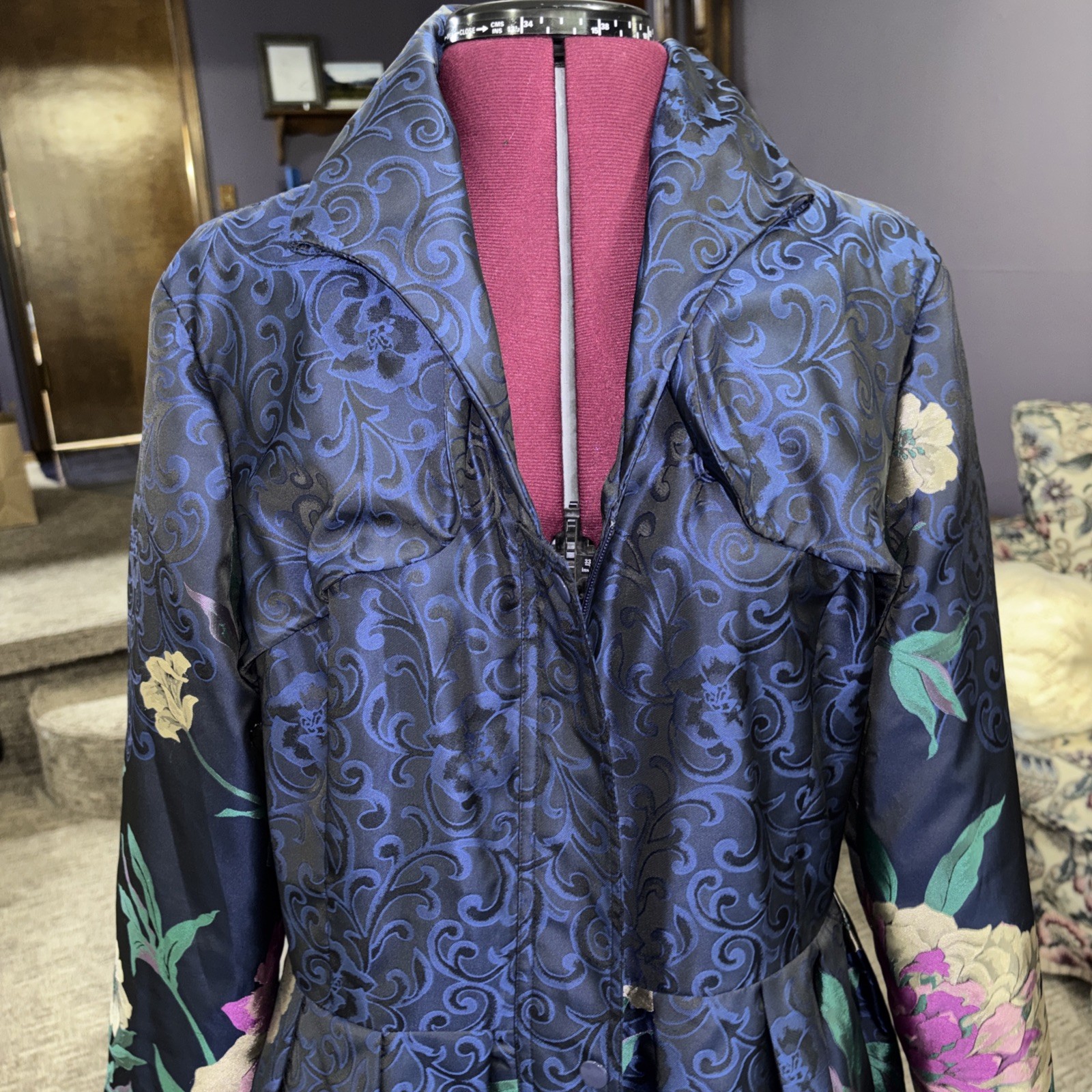 Samuel Dong Bubble Coat Trench Dress Womens Size L Blue Floral