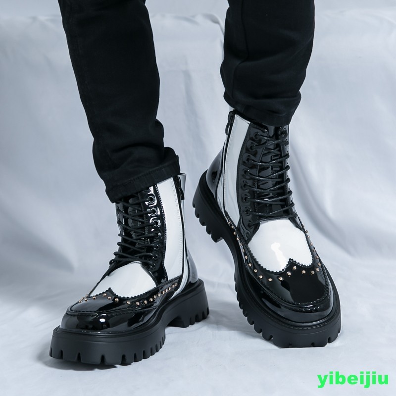New Men’s High Top Platform Studded Ankle Boots Wing Tip Brogue Colorblock Shoes