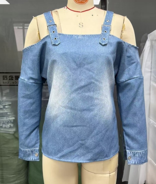 Women Off Shoulder Long Sleeve Top Adjustable Strap Loose Denim Casual Blouse