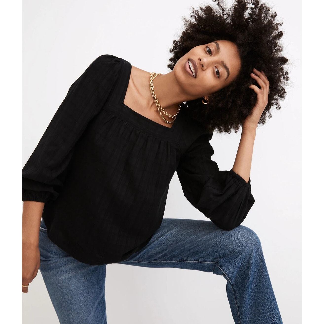 NEW $88 Madewell Square-Neck Bubble-Sleeve Top in Plaid-True Black++ Size: S