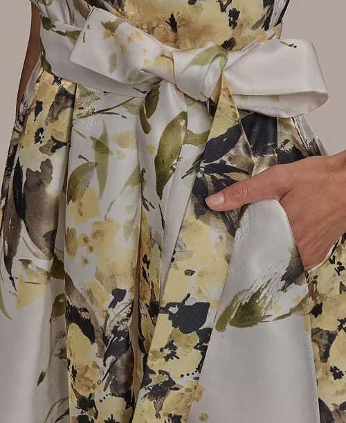 Donna Karan New York Floral Midi Dress Size 6 Ivory Satin Fit Flare NWT Pockets