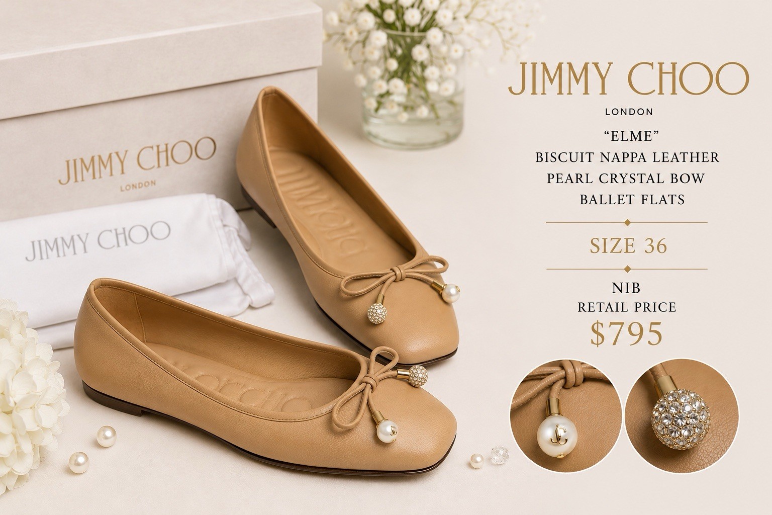 Jimmy Choo “Elme” Biscuit Nappa Leather Pearl Crystal Bow Ballet Flats 36 NIB