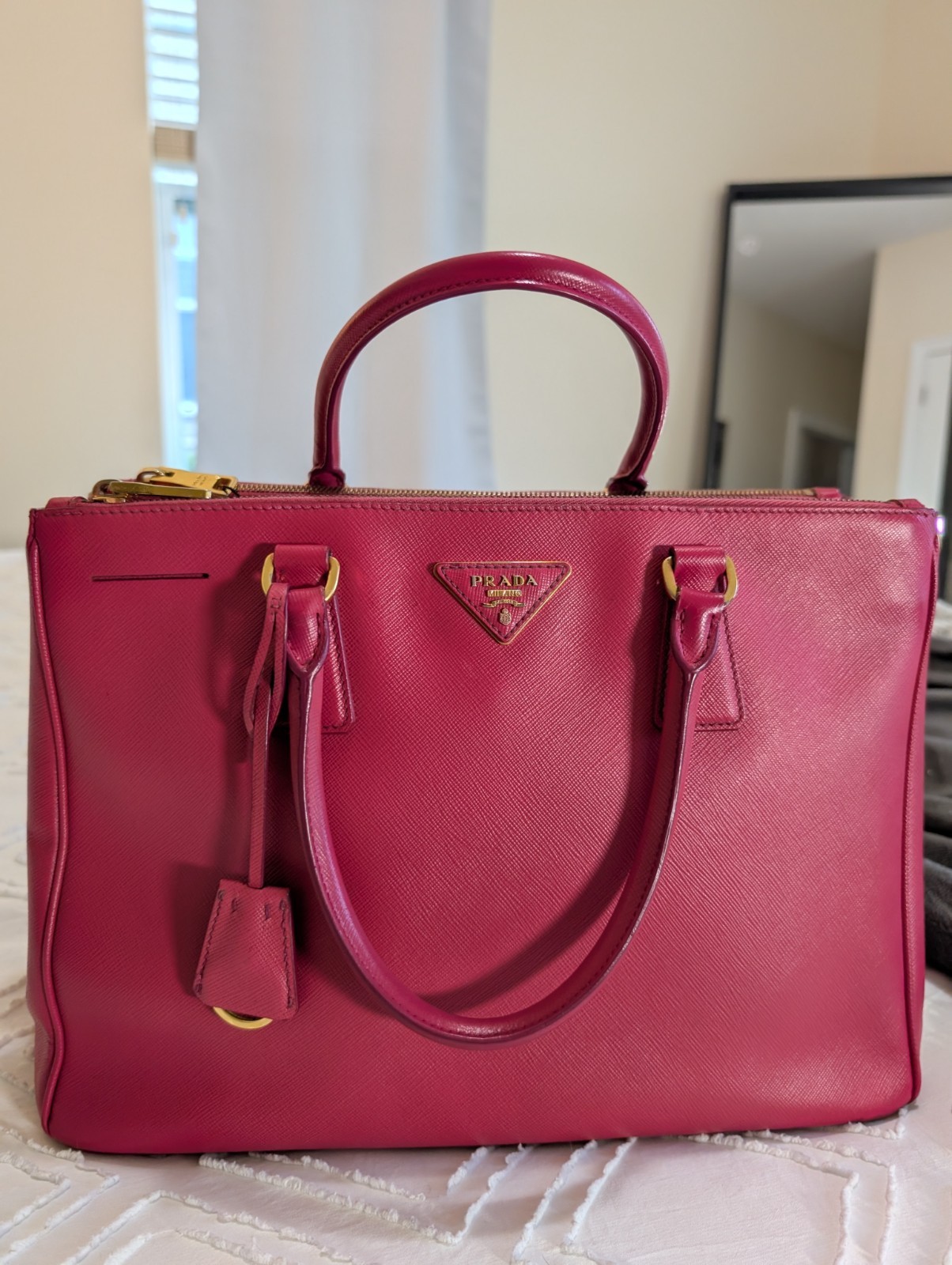 PRADA Pink Top Handle Satchel Gold Hardware Logo Key Holder Bottom Studs