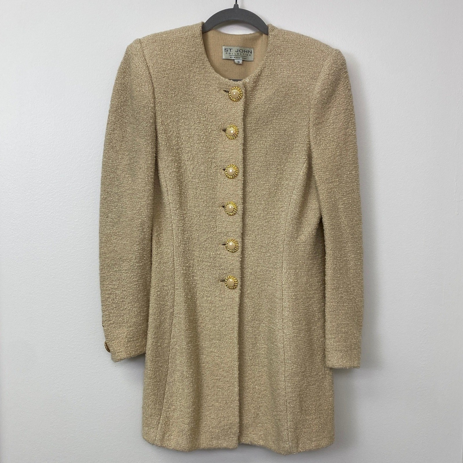 St. John Collection, Long Textured Knit Shimmer Metallic Jacket Coatigan Size 10