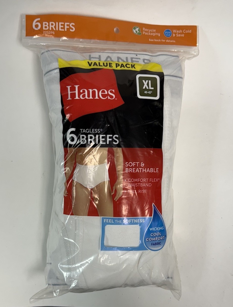 Mens Hanes Briefs Underwear Sz XL 40-42” Tighty Whities 6Pk Tagless Full Rise