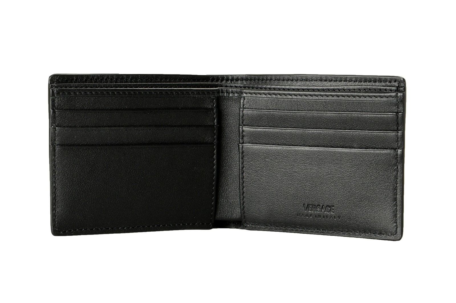 Versace Black Textured 100% Leather Silver Medusa Head Bifold Wallet