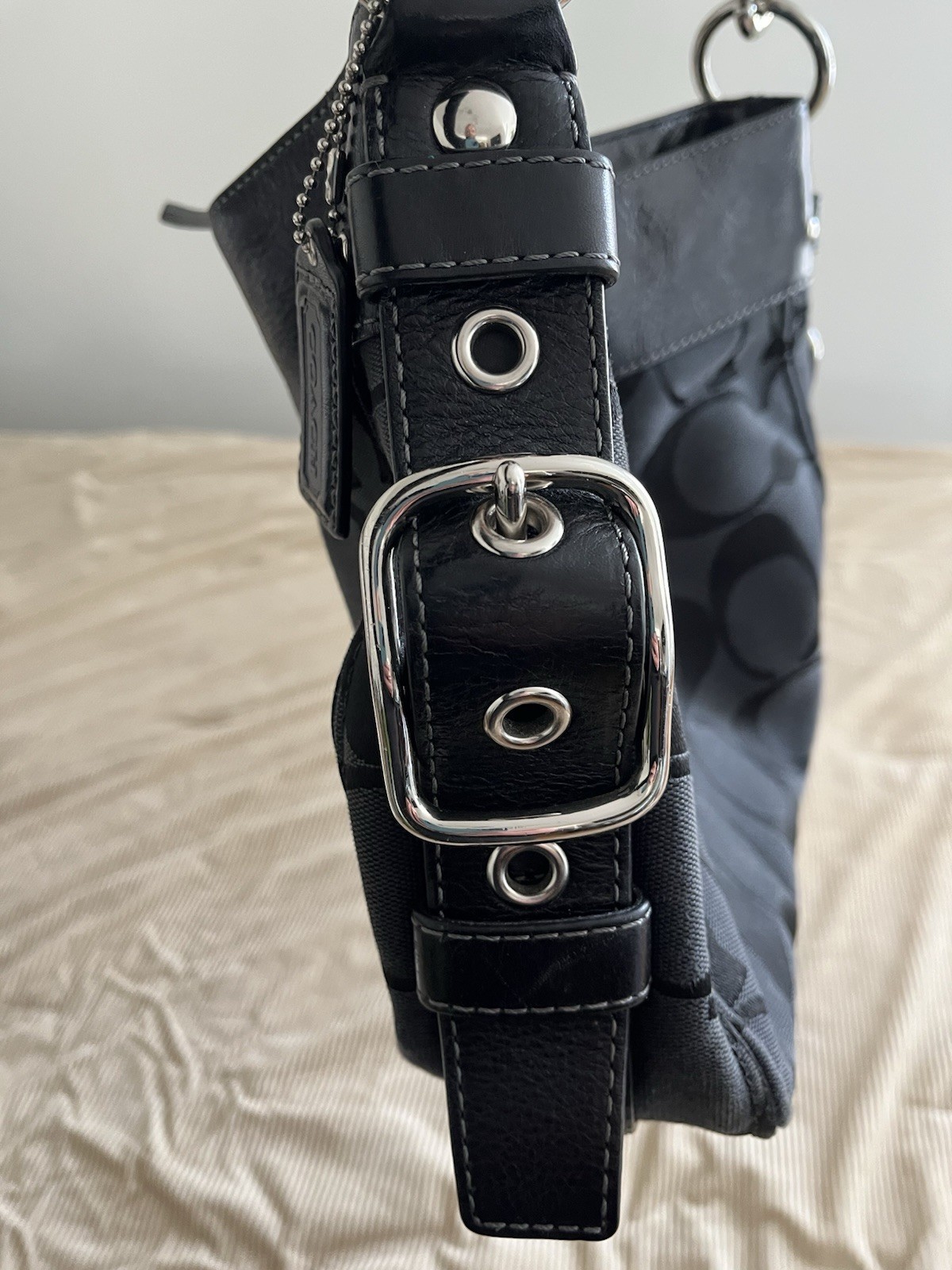 Coach Black Signature Logo Buckle Accent Silver Hardware Shoulder Bag
